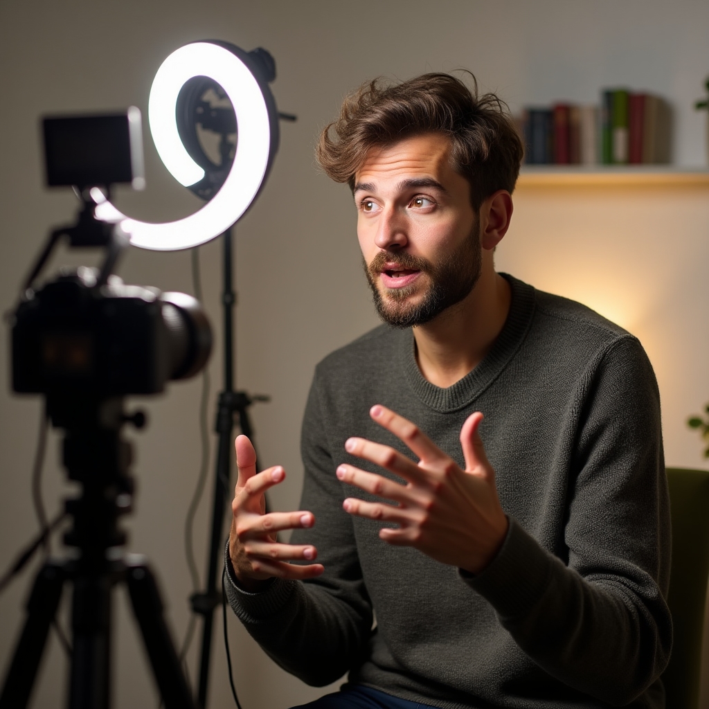Person nimmt eine Online-Kurseinheit in einem kleinen Studio auf