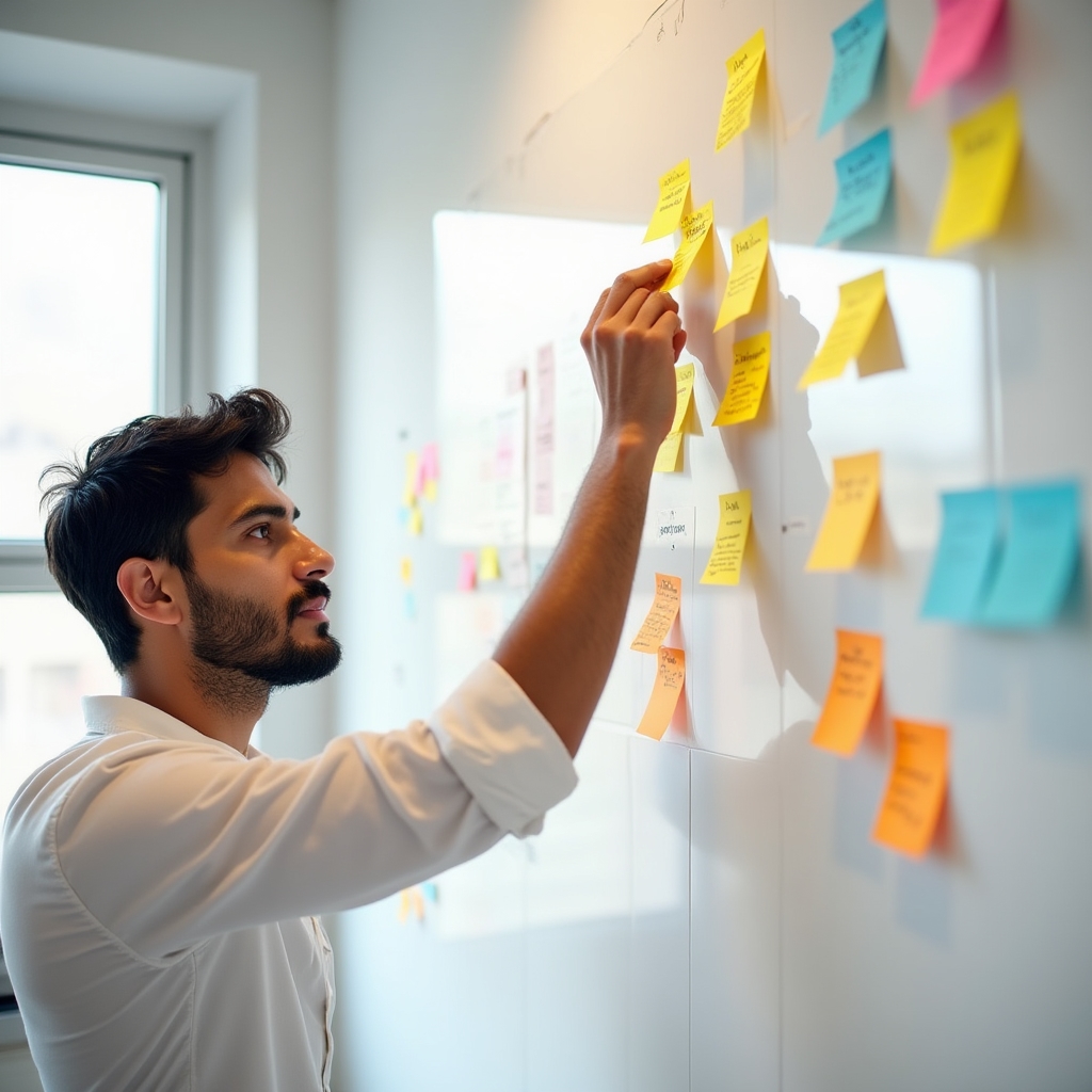 Fachperson ordnet Notizzettel zu Lerninhalten an einer Wand