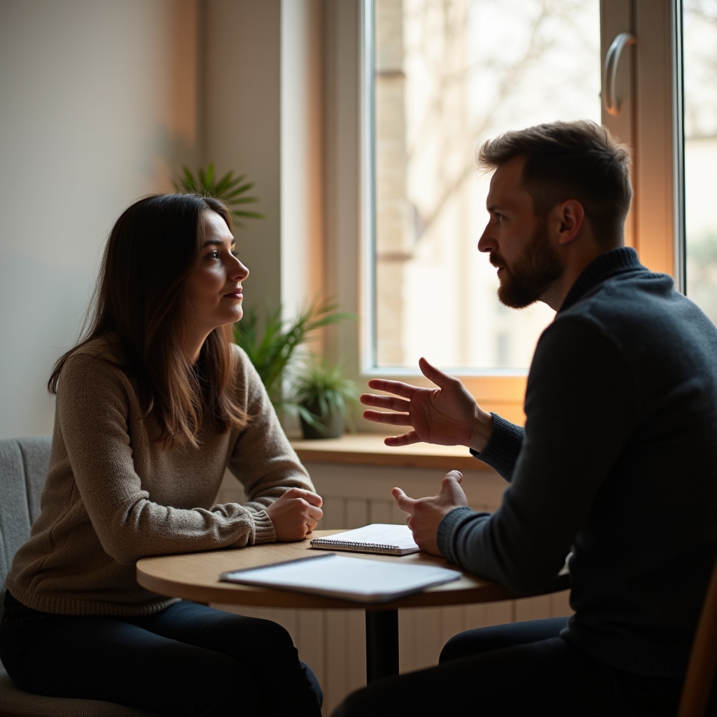 Zwei Personen im Gespräch während einer Einzelberatung am Tisch