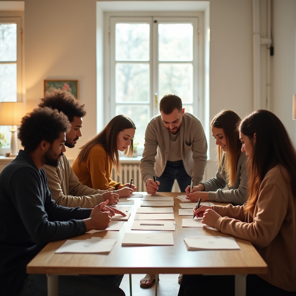 Gruppe arbeitet gemeinsam in einem Workshop-Raum an Aufgaben