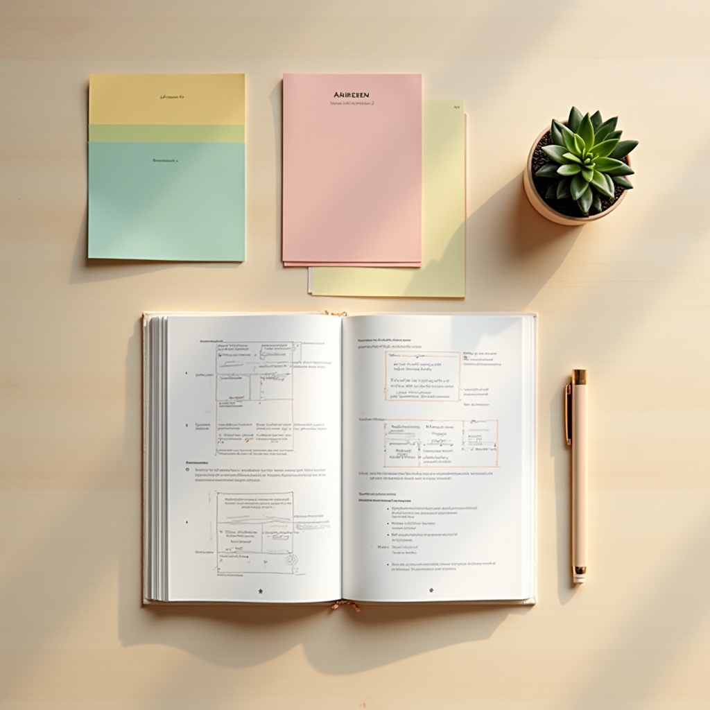 Flatlay mit Arbeitsheft, Karteikarten und Materialien für einen Workshop